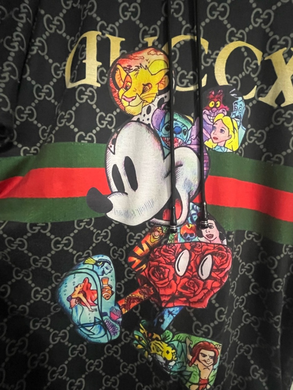 Gucci Black Monogram Graphic Disney Hoodie with Red & Green Stripe - Picture 3 of 9